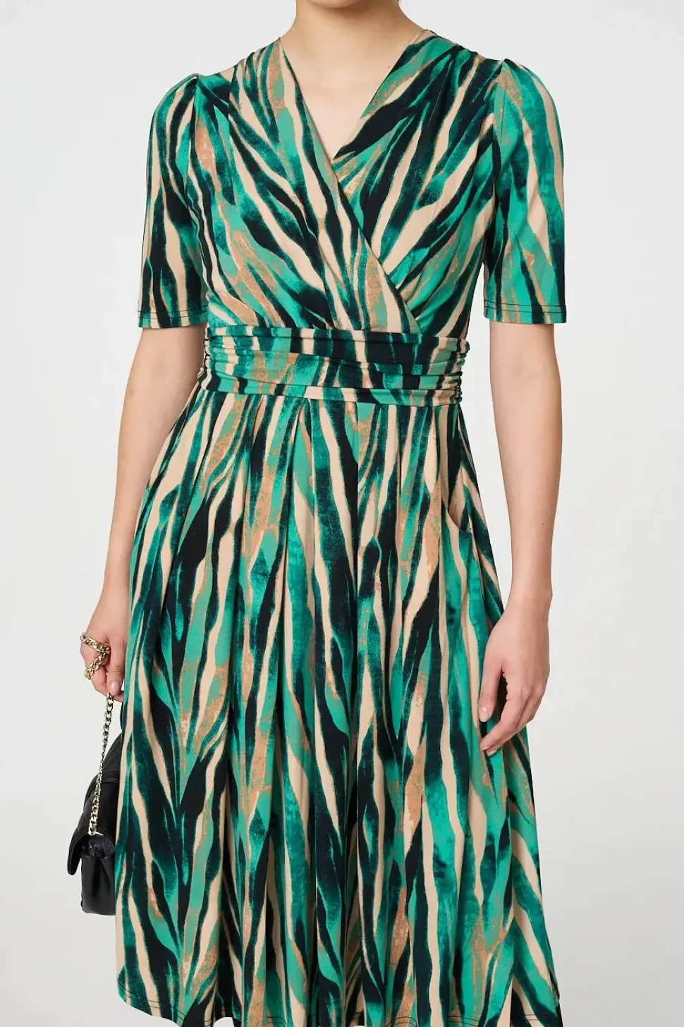 Printed 1/2 Sleeve Wrap Waist Midi Dress