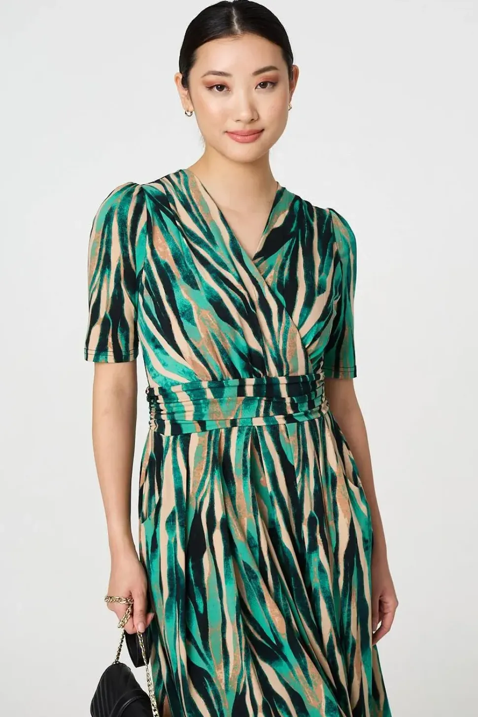 Printed 1/2 Sleeve Wrap Waist Midi Dress