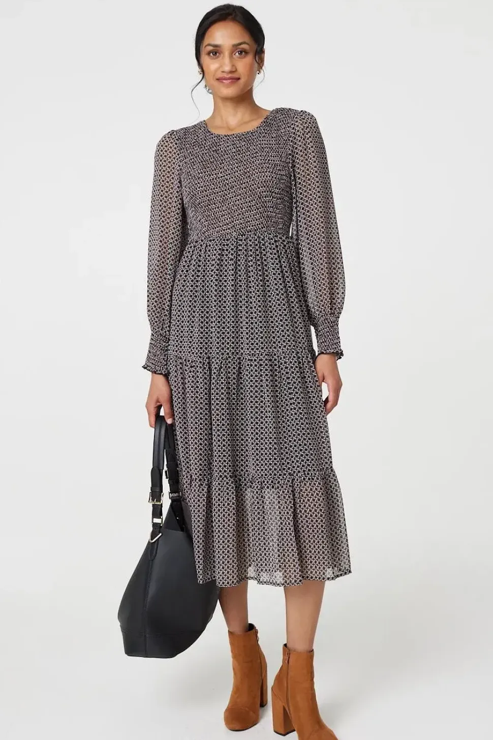Printed Smocked Bodice Tiered Midi Dress
