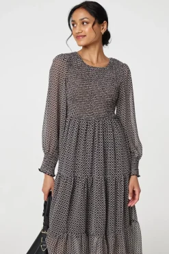 Printed Smocked Bodice Tiered Midi Dress