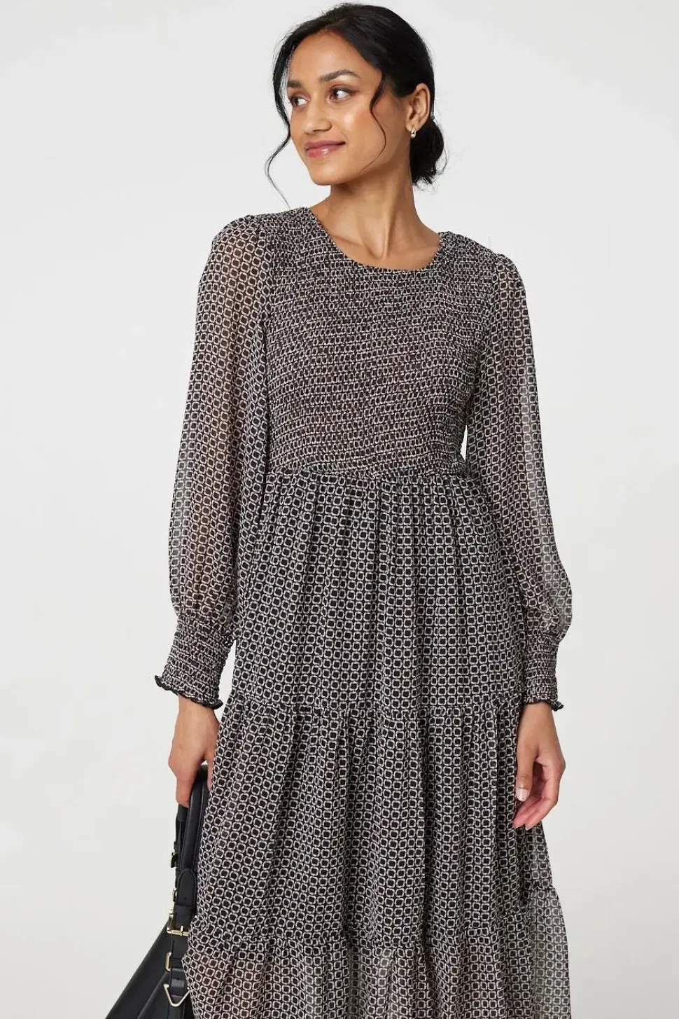 Printed Smocked Bodice Tiered Midi Dress
