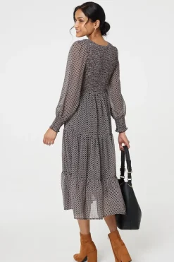 Printed Smocked Bodice Tiered Midi Dress
