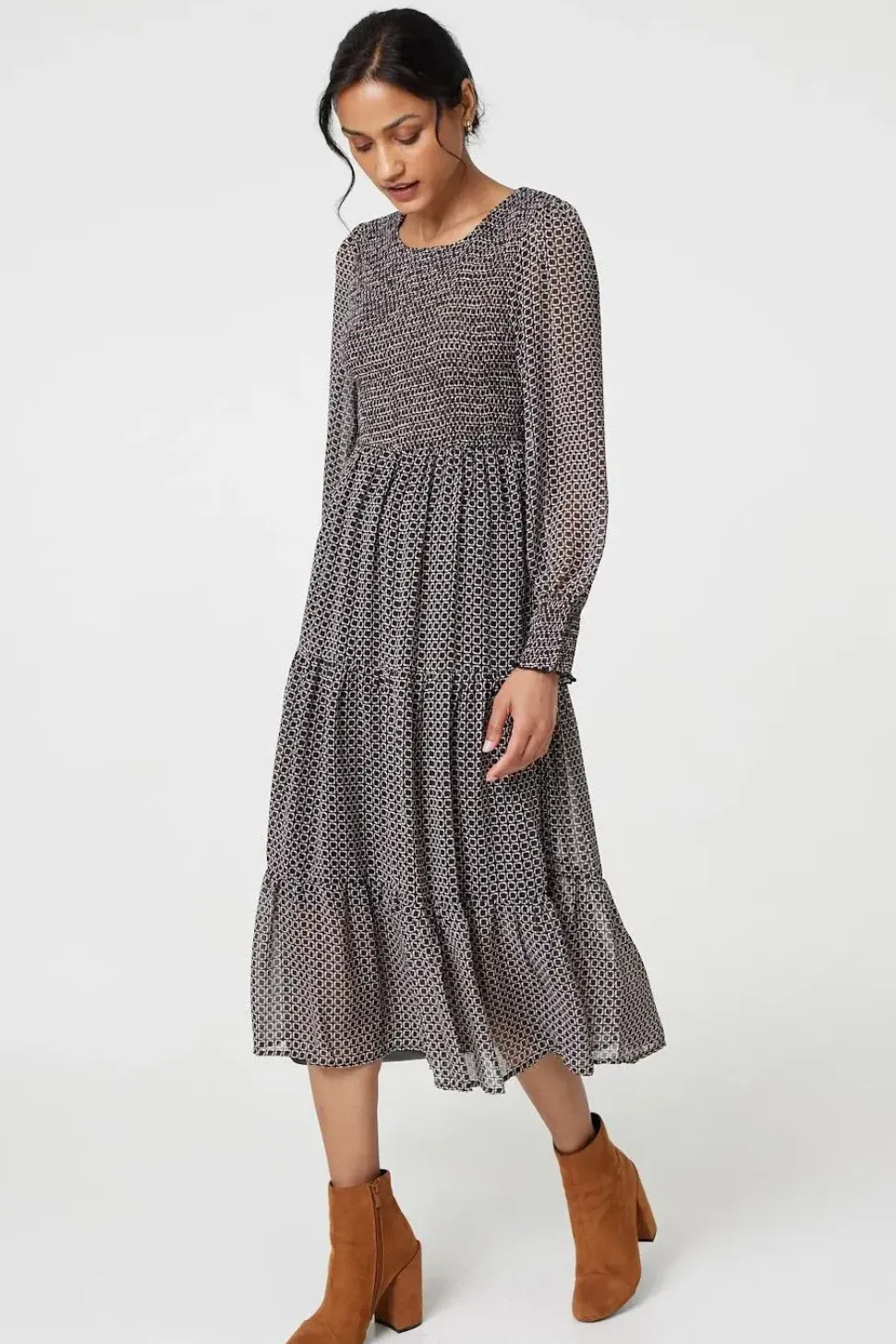 Printed Smocked Bodice Tiered Midi Dress