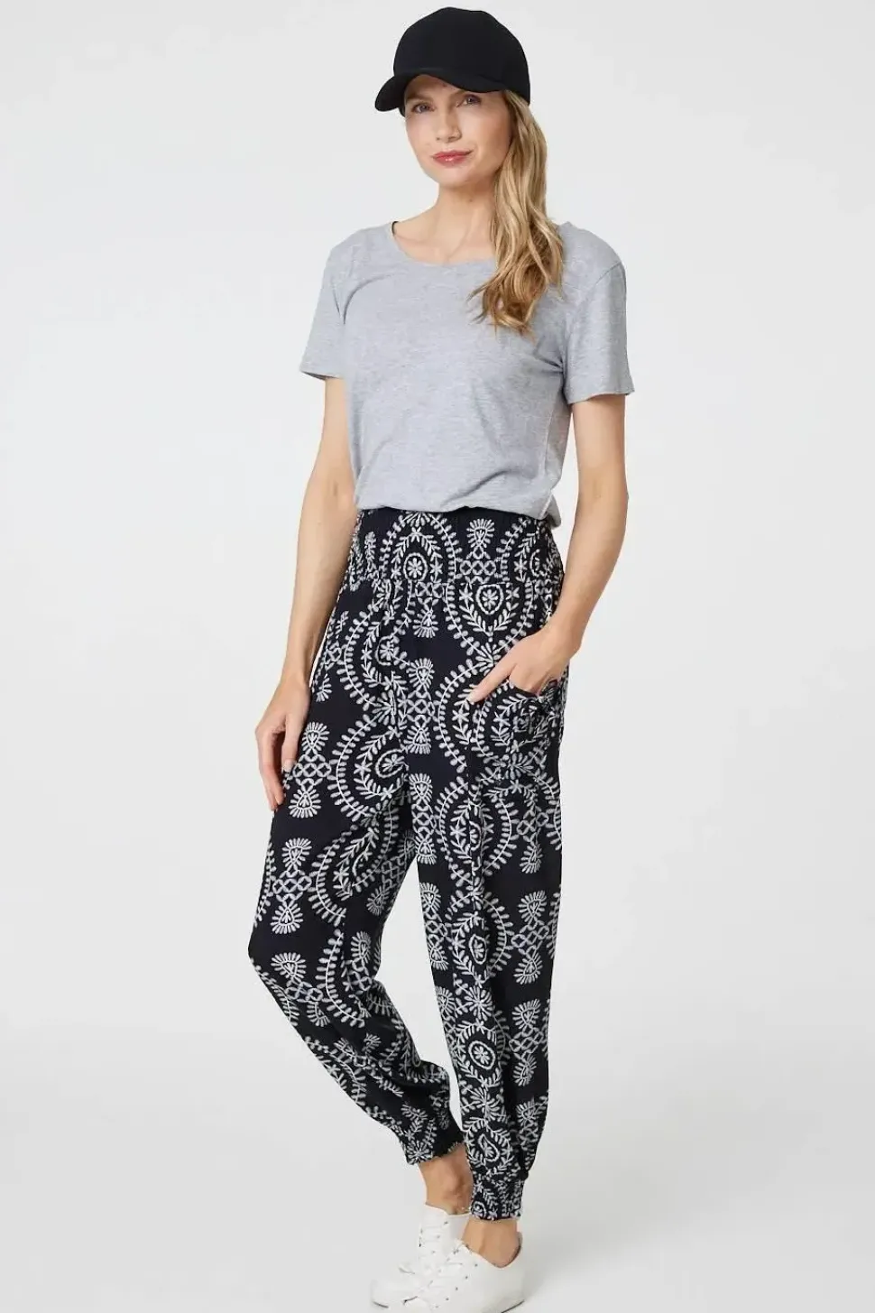 Printed Smocked Waist Harem Pants