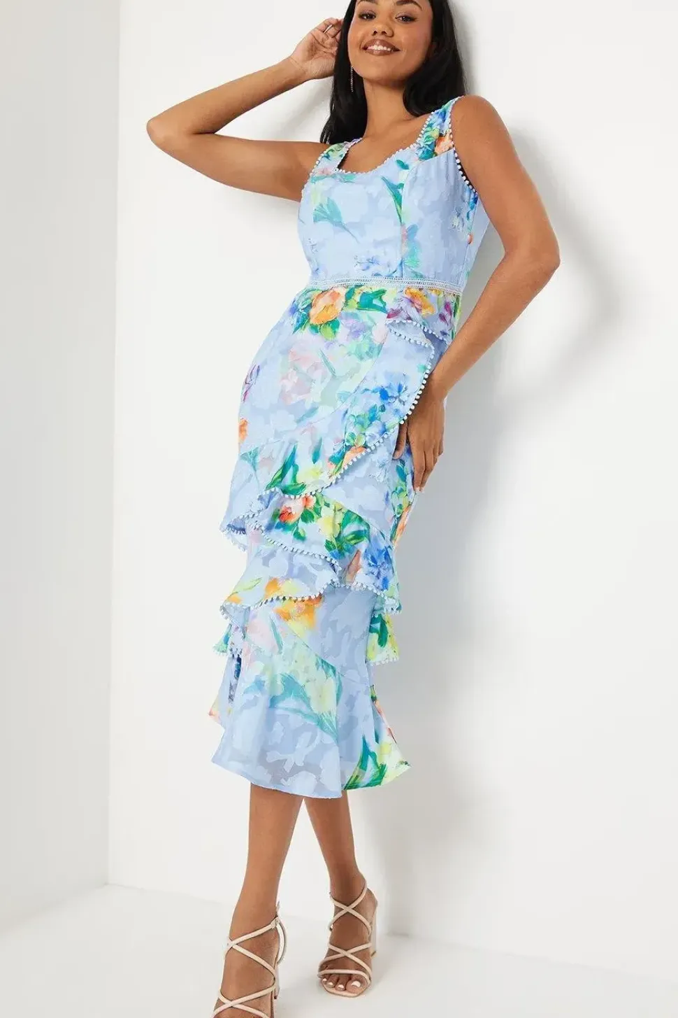 Printed Square Neck Ruffle Midi Dress