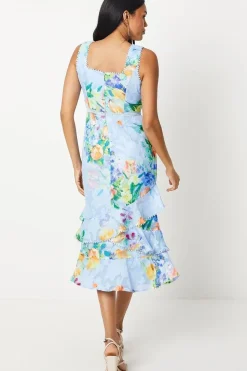 Printed Square Neck Ruffle Midi Dress