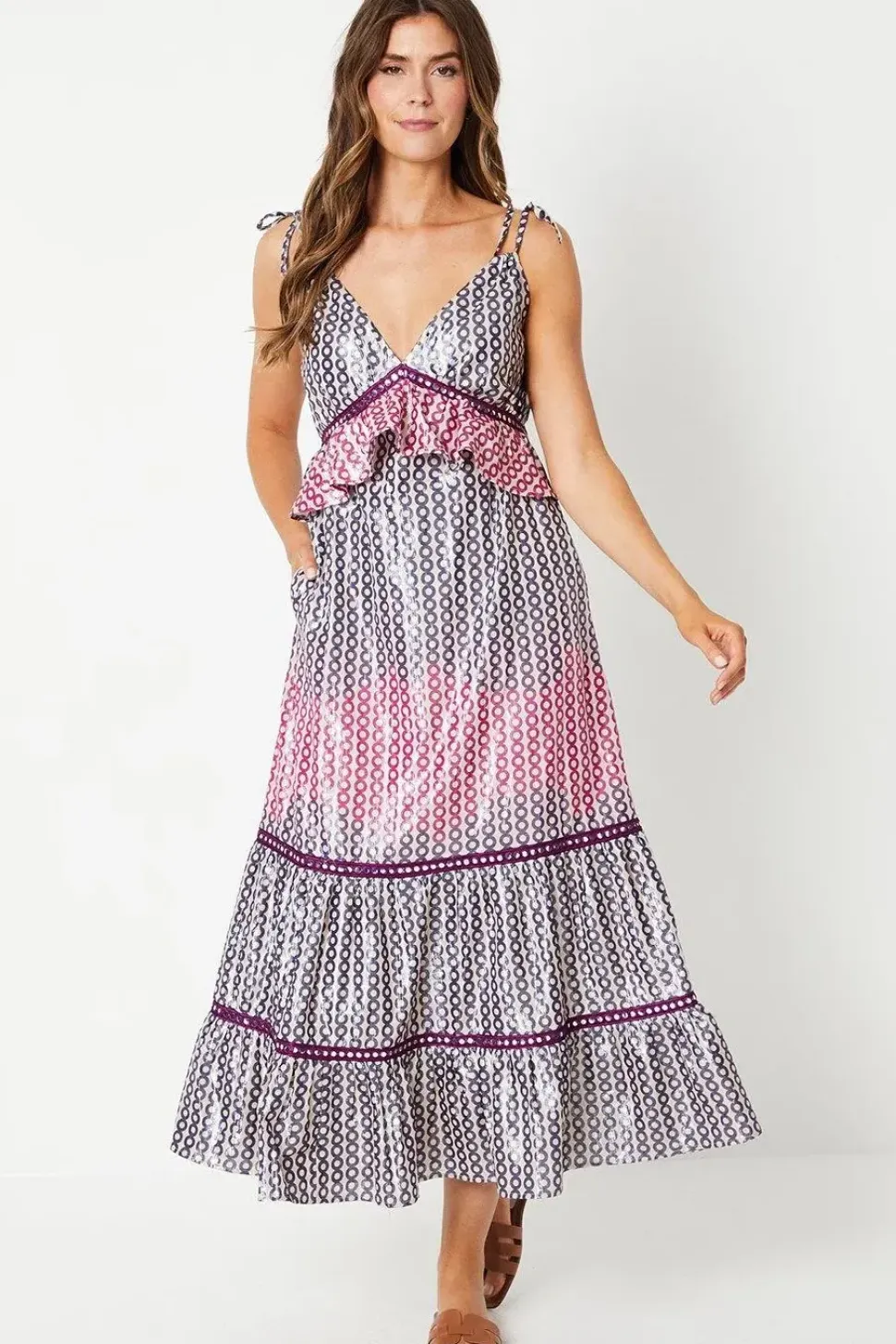 Printed Strap Detail Tiered Maxi Dress