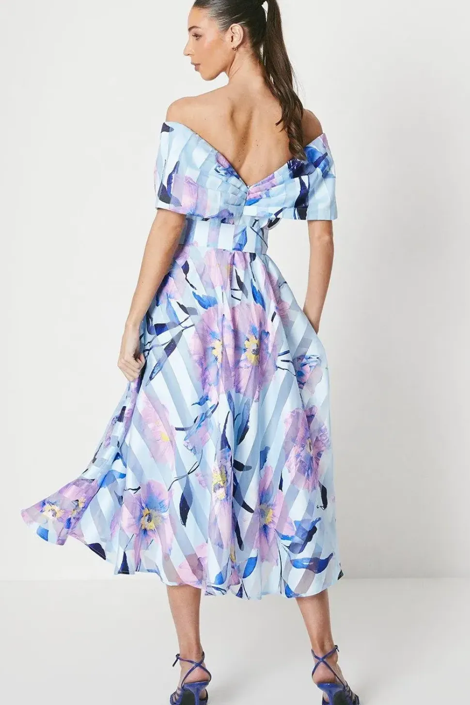Printed Stripe Organza Bardot Midi Dress