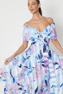 Printed Stripe Organza Bardot Midi Dress