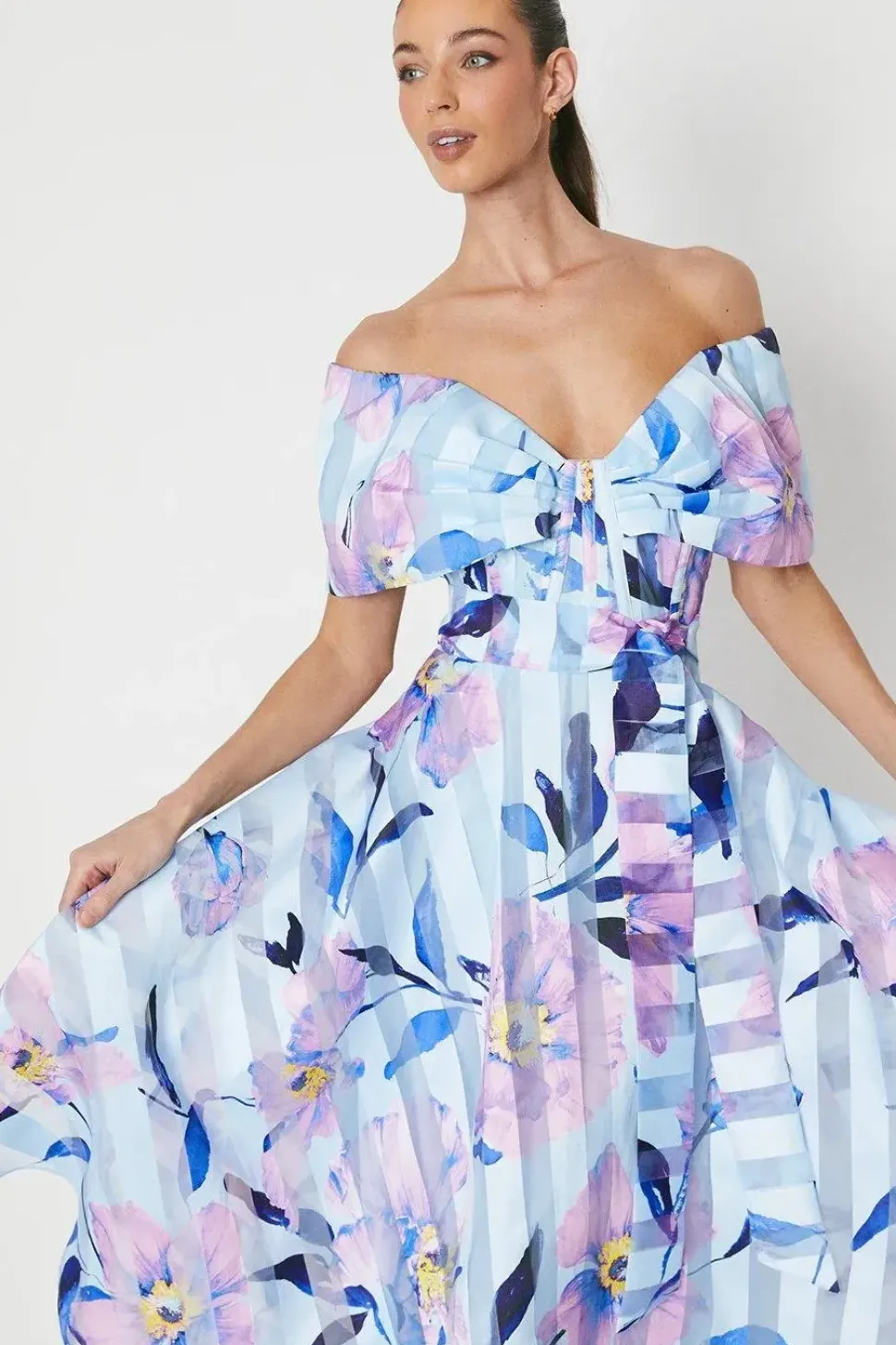Printed Stripe Organza Bardot Midi Dress