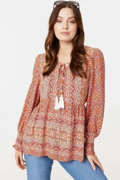 Printed Tassel Drawstring Blouse