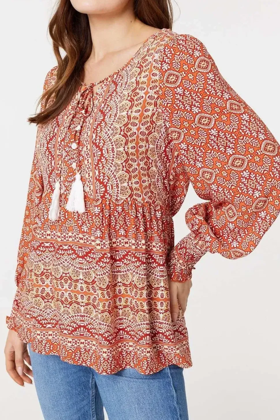Printed Tassel Drawstring Blouse