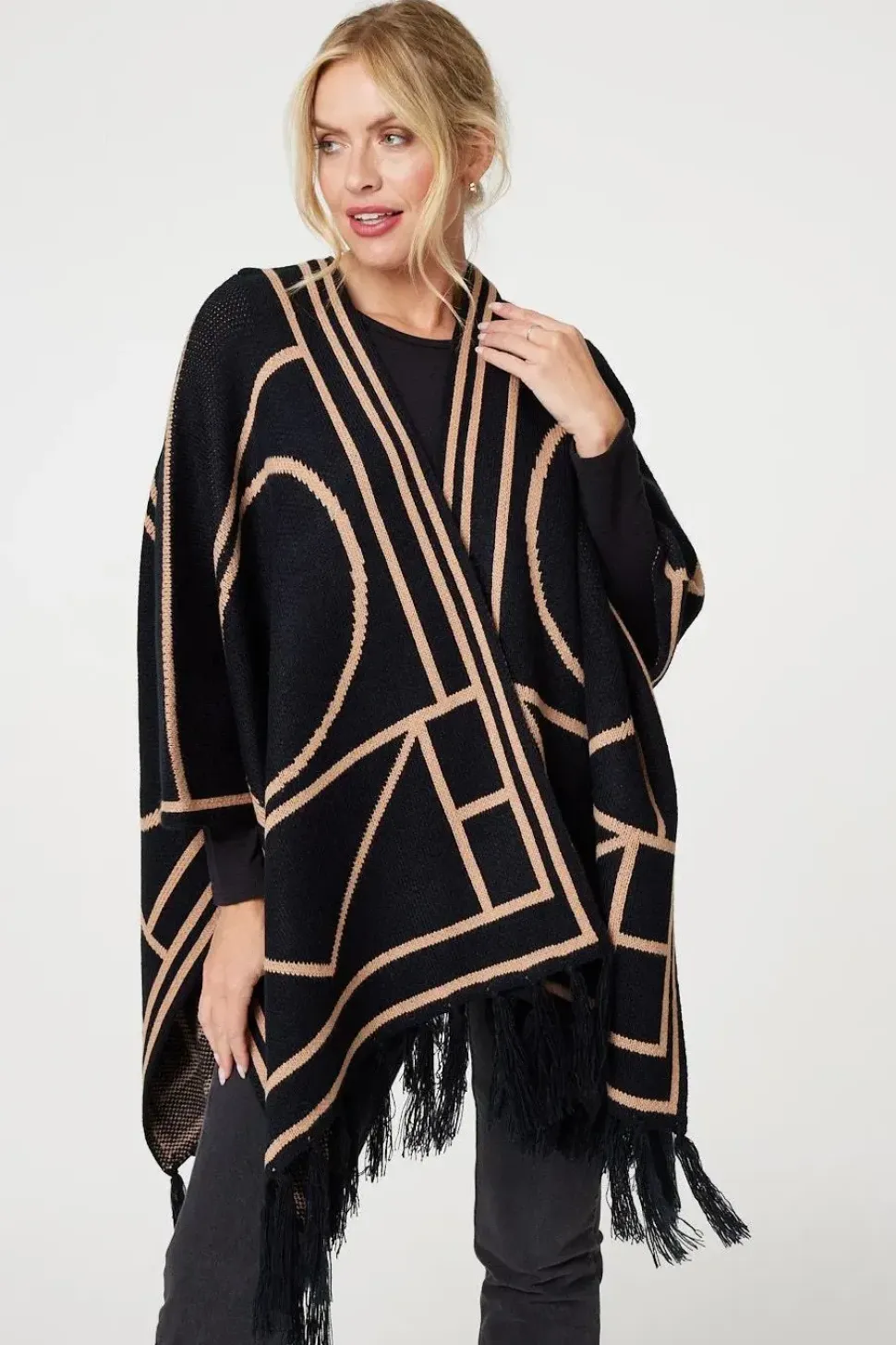 Printed Tassel Fringe Longline Poncho