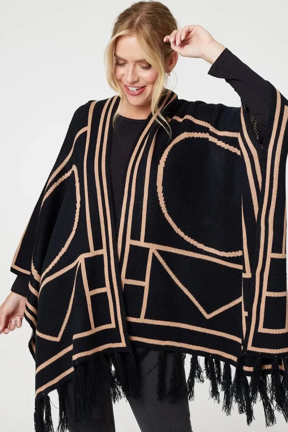 Printed Tassel Fringe Longline Poncho