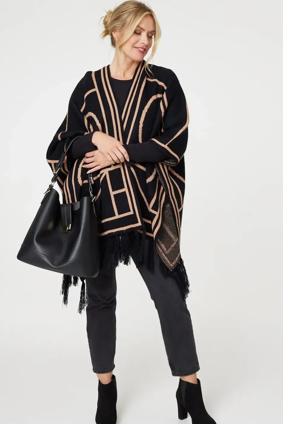 Printed Tassel Fringe Longline Poncho