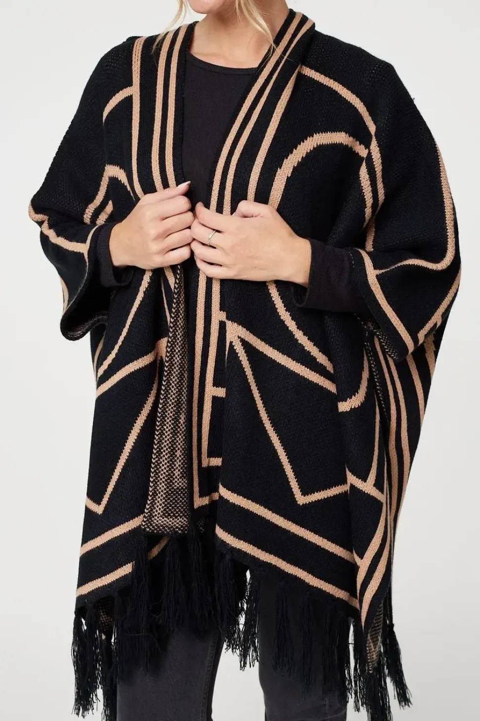Printed Tassel Fringe Longline Poncho