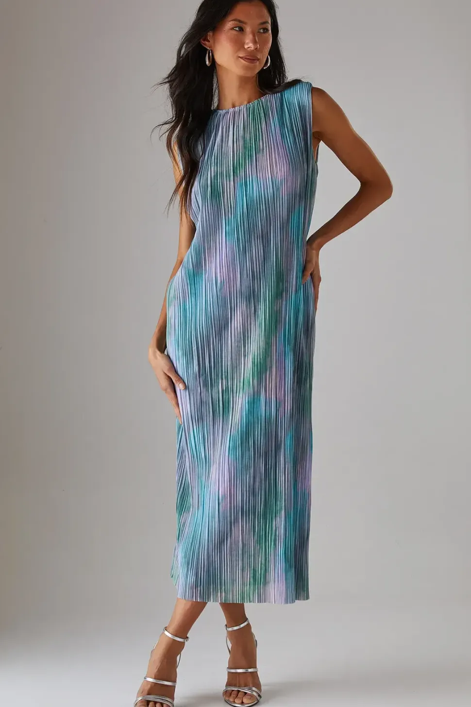 Printed Tie Dye Plisse Shoulder Pad Sleeveless Midi Dress