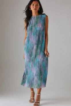 Printed Tie Dye Plisse Shoulder Pad Sleeveless Midi Dress