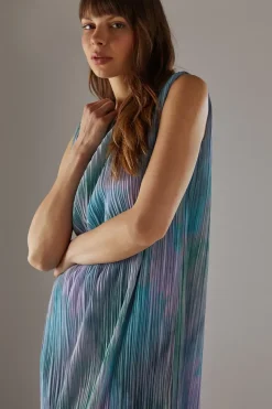 Printed Tie Dye Plisse Shoulder Pad Sleeveless Midi Dress