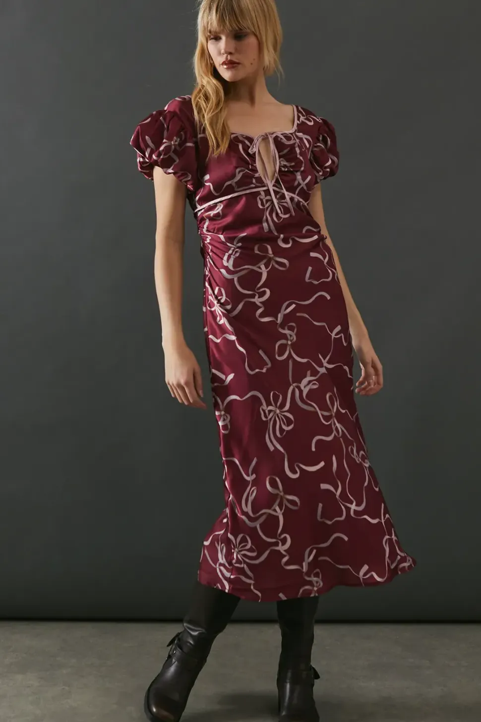 Printed Tie Front Bias Midi Dress