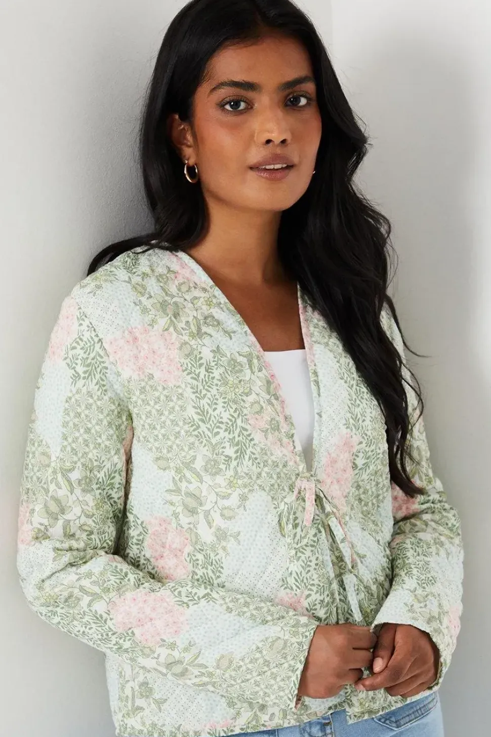 Printed Tie Front Quilted Jacket