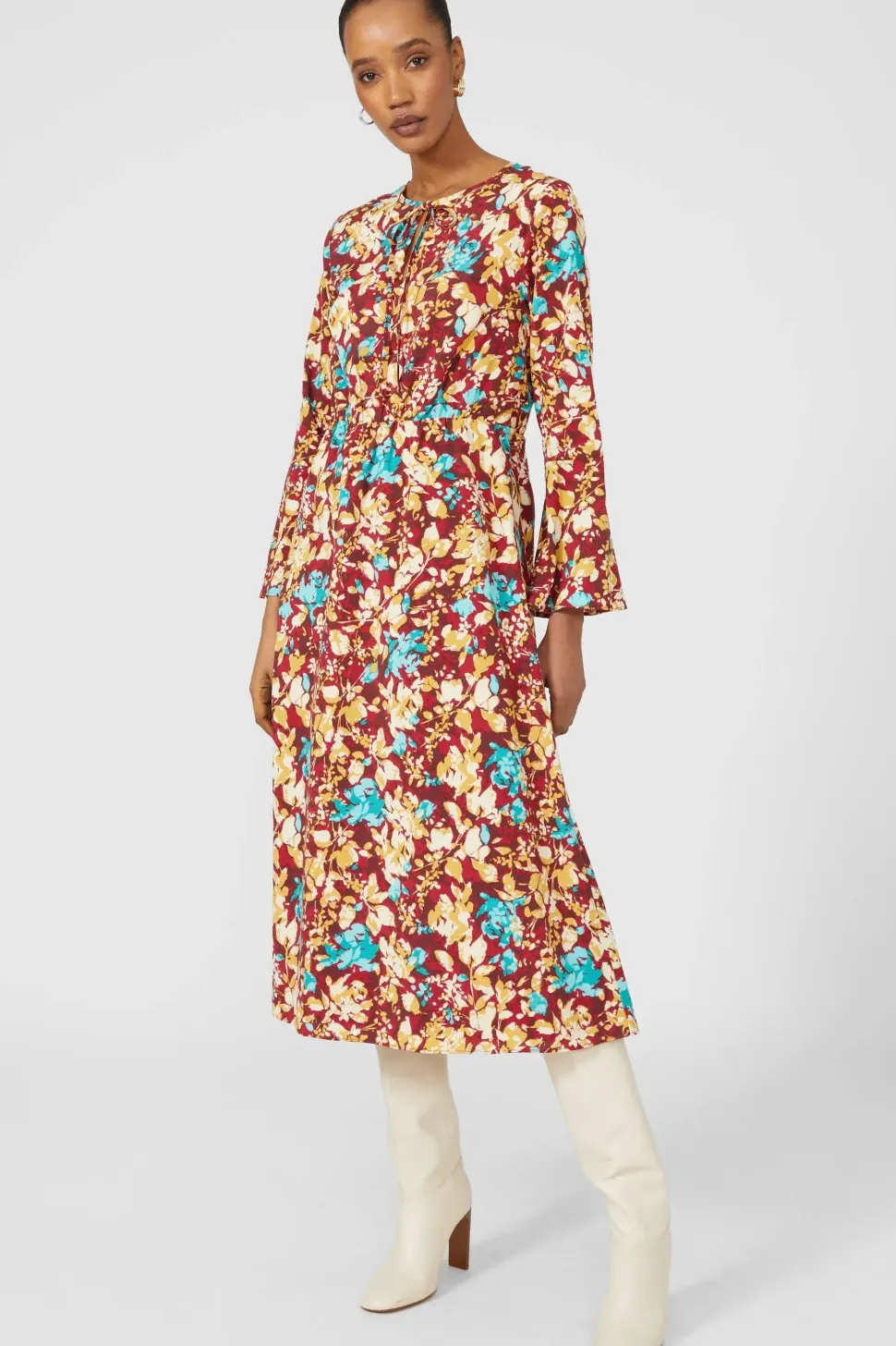 Printed Tie Neck Midi Dress
