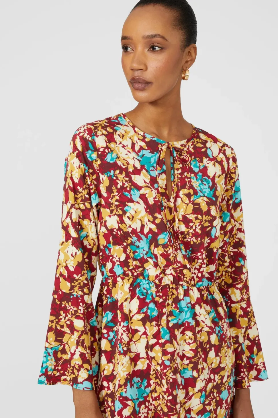 Printed Tie Neck Midi Dress