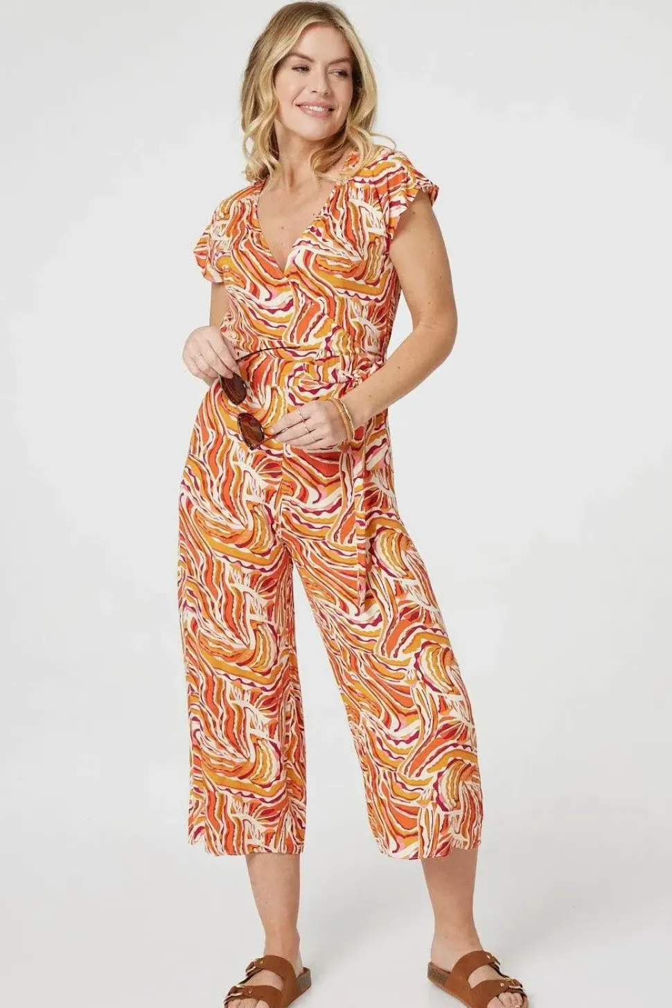 Printed Tie Waist Cropped Jumpsuit