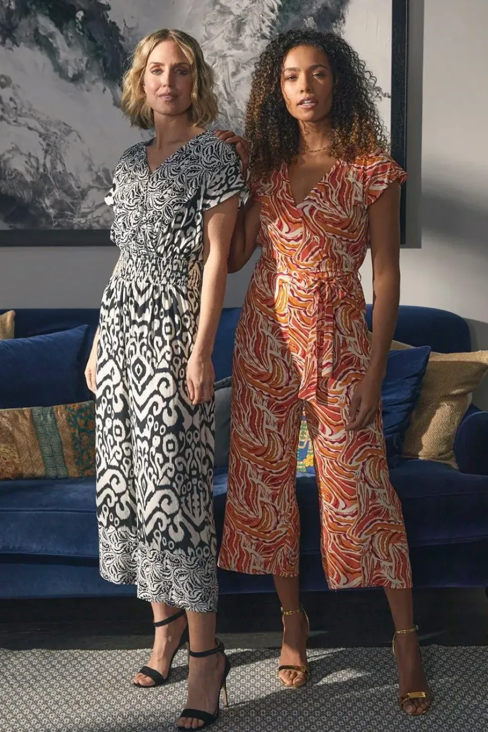 Printed Tie Waist Cropped Jumpsuit