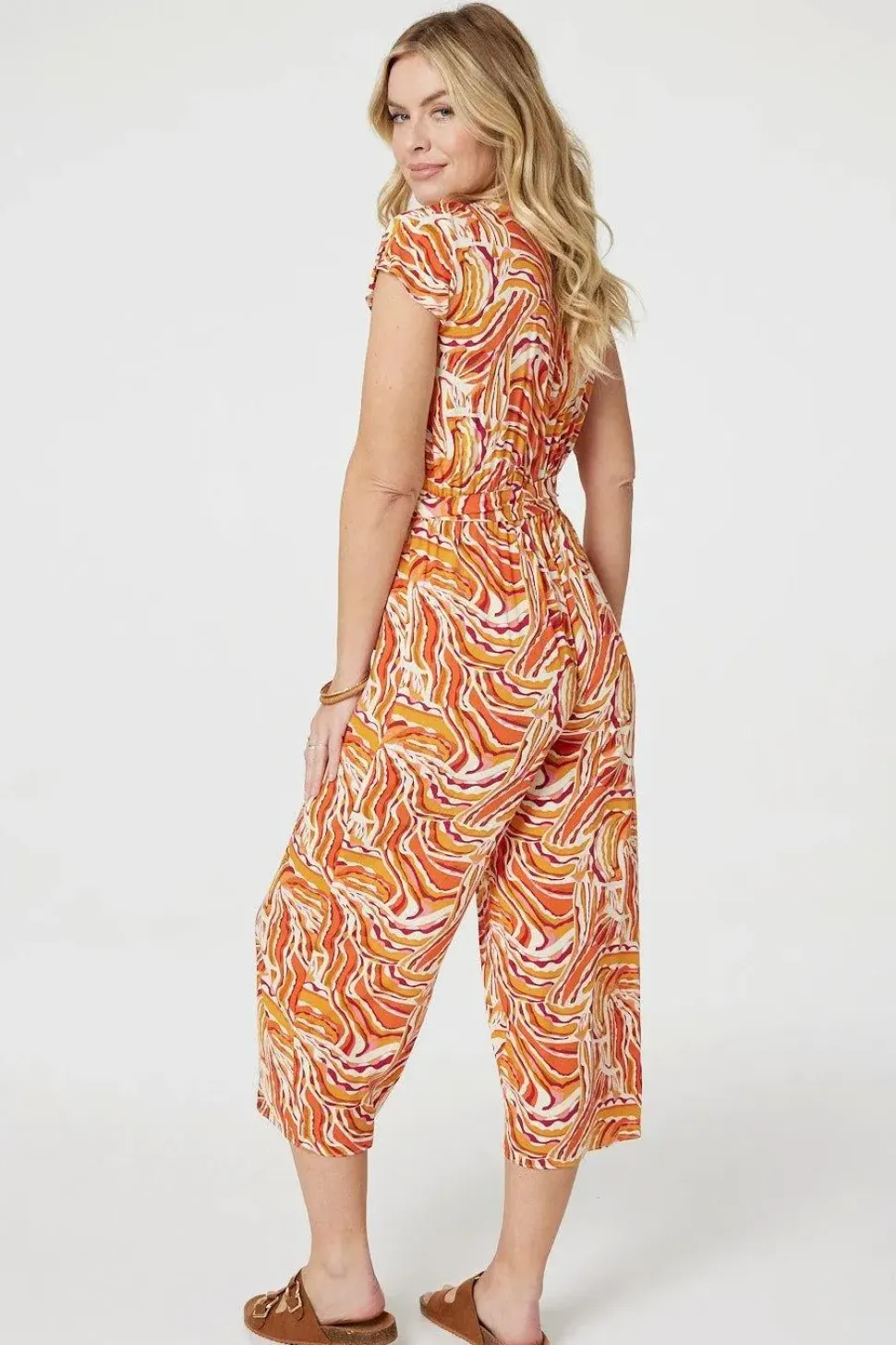 Printed Tie Waist Cropped Jumpsuit