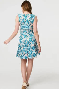 Printed Tie Waist Knee Length Skater Dress
