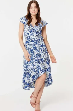 Printed Tie Waist Midi Wrap Dress