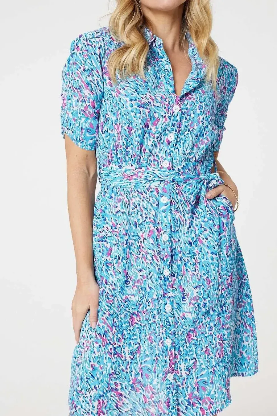 Printed Tie Waist Short Shirt Dress
