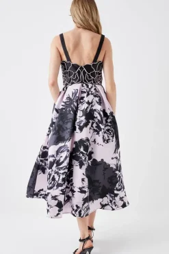 Printed Twill Midi Dress With Embroidered Flowers