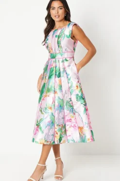 Printed Twill Seamed Midi Dress With Piping