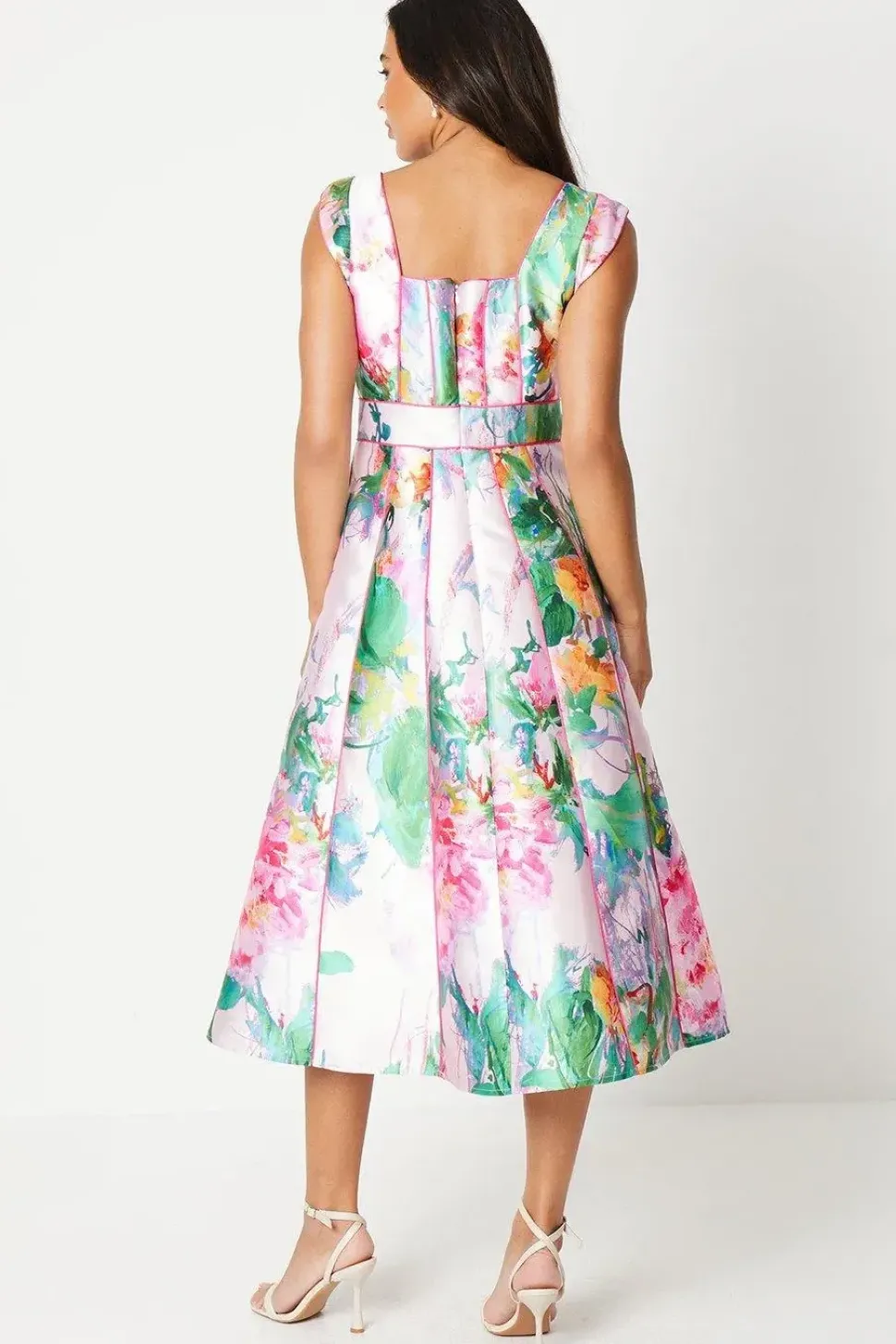 Printed Twill Seamed Midi Dress With Piping