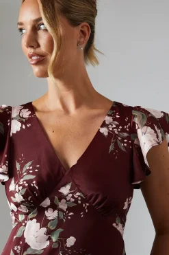 Printed V Neck Angel Sleeve Satin Bridesmaid Dress