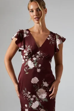 Printed V Neck Angel Sleeve Satin Bridesmaid Dress
