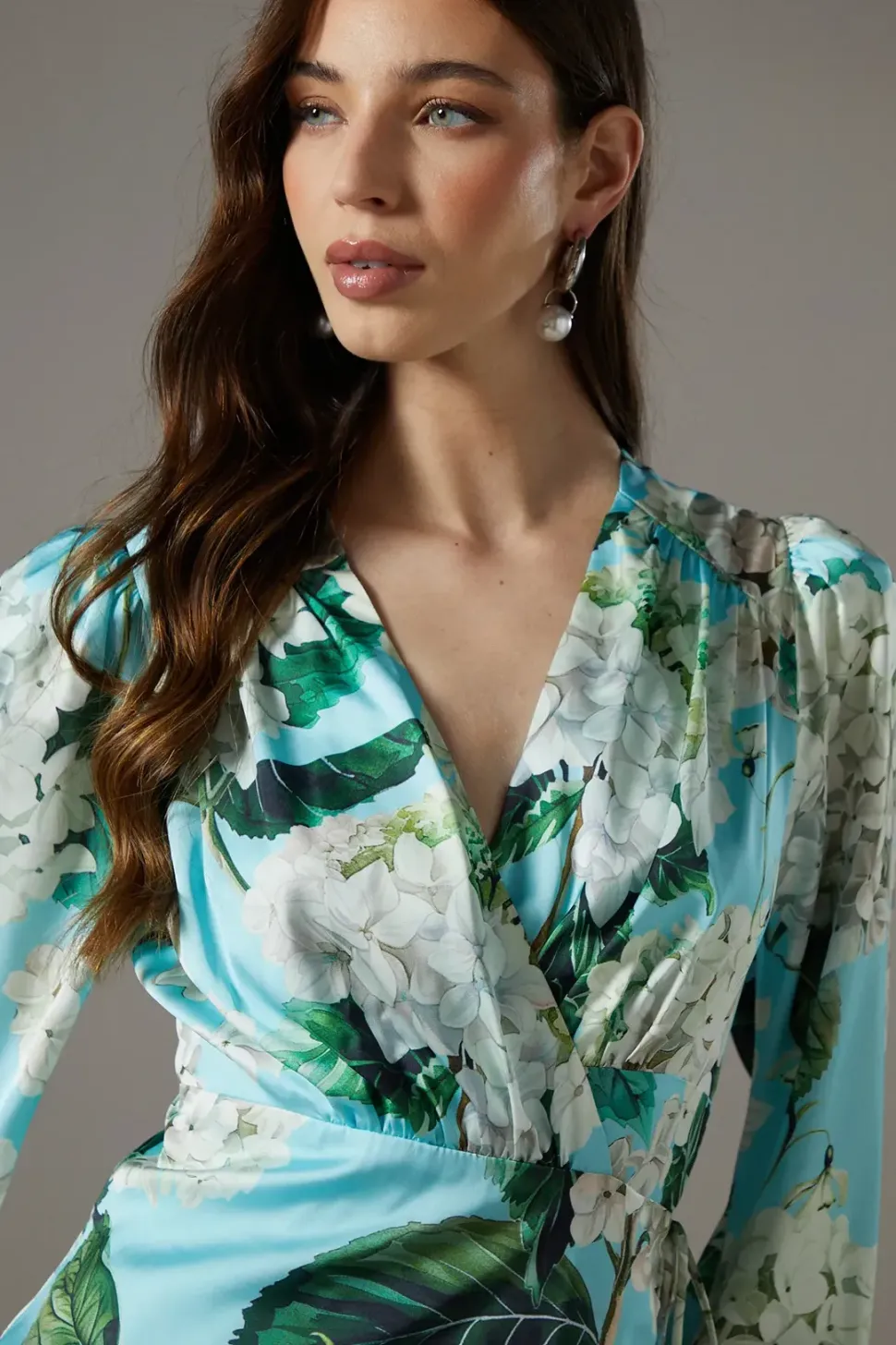 Printed Wrap Satin Midi Dress