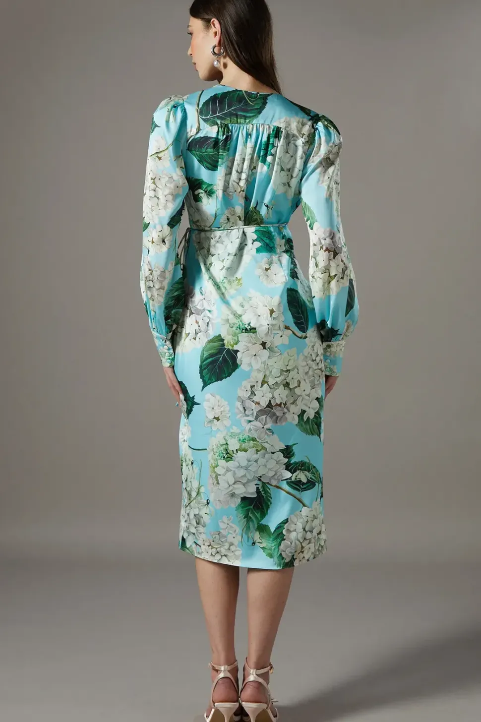 Printed Wrap Satin Midi Dress
