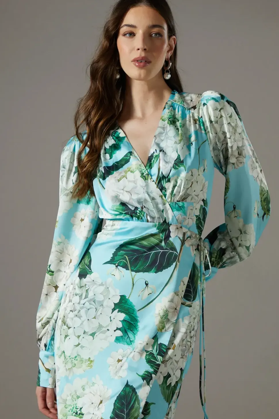 Printed Wrap Satin Midi Dress