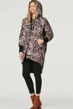 Printed Zip Front High Low Coat