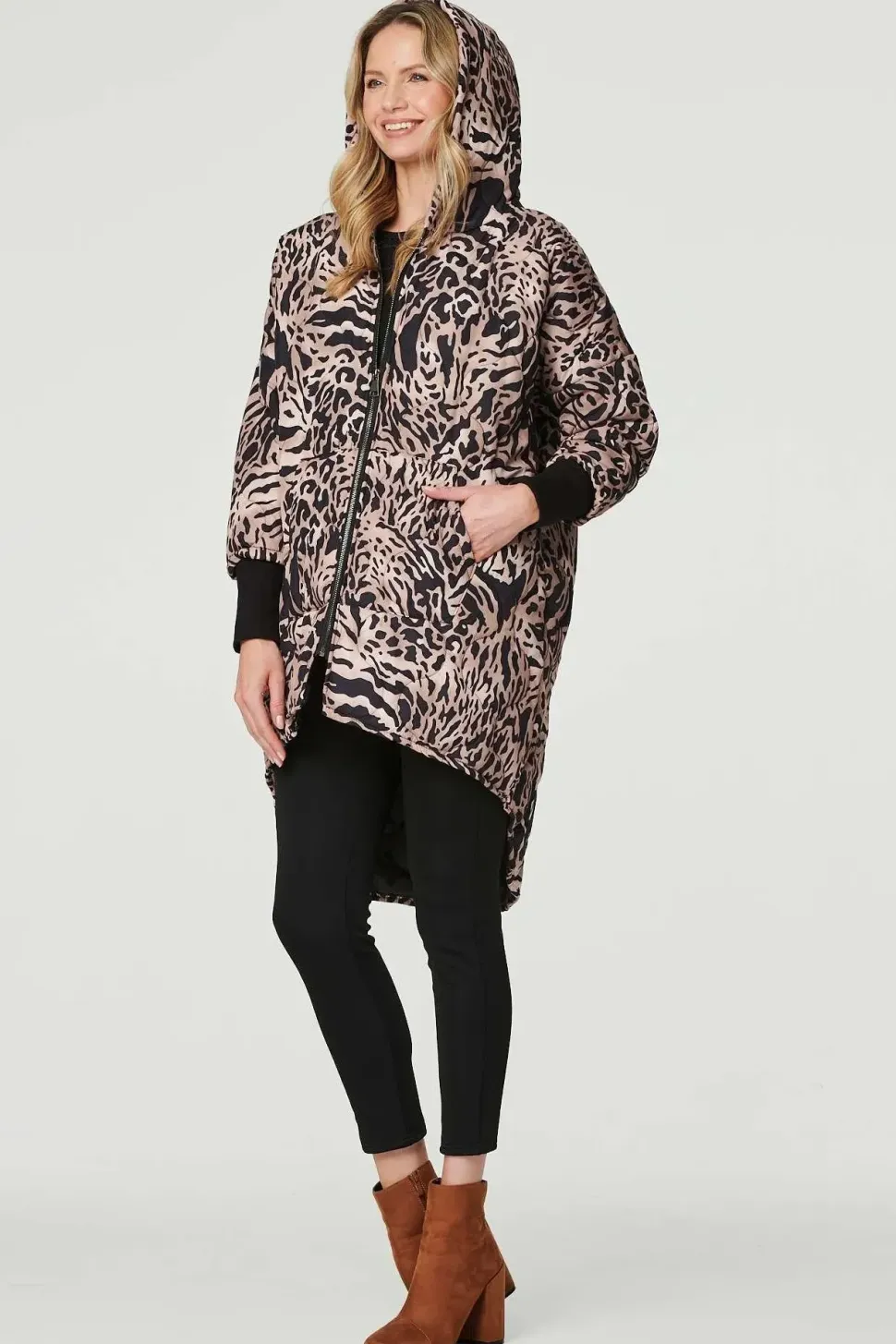 Printed Zip Front High Low Coat