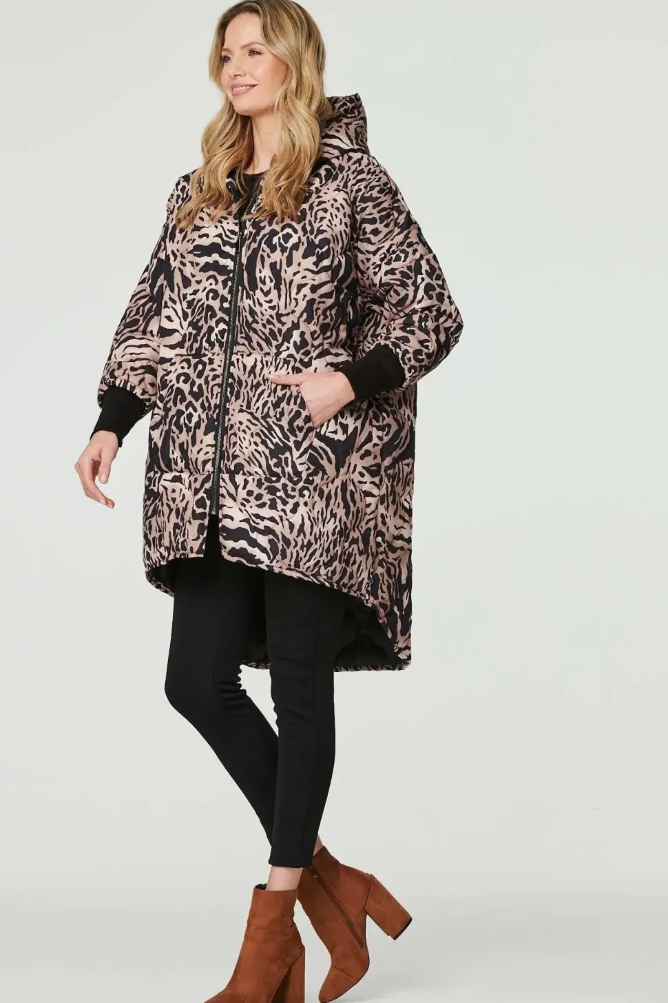 Printed Zip Front High Low Coat