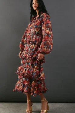 Print Metallic Chiffon Tie Neck Ruffle Skirt Midi Dress