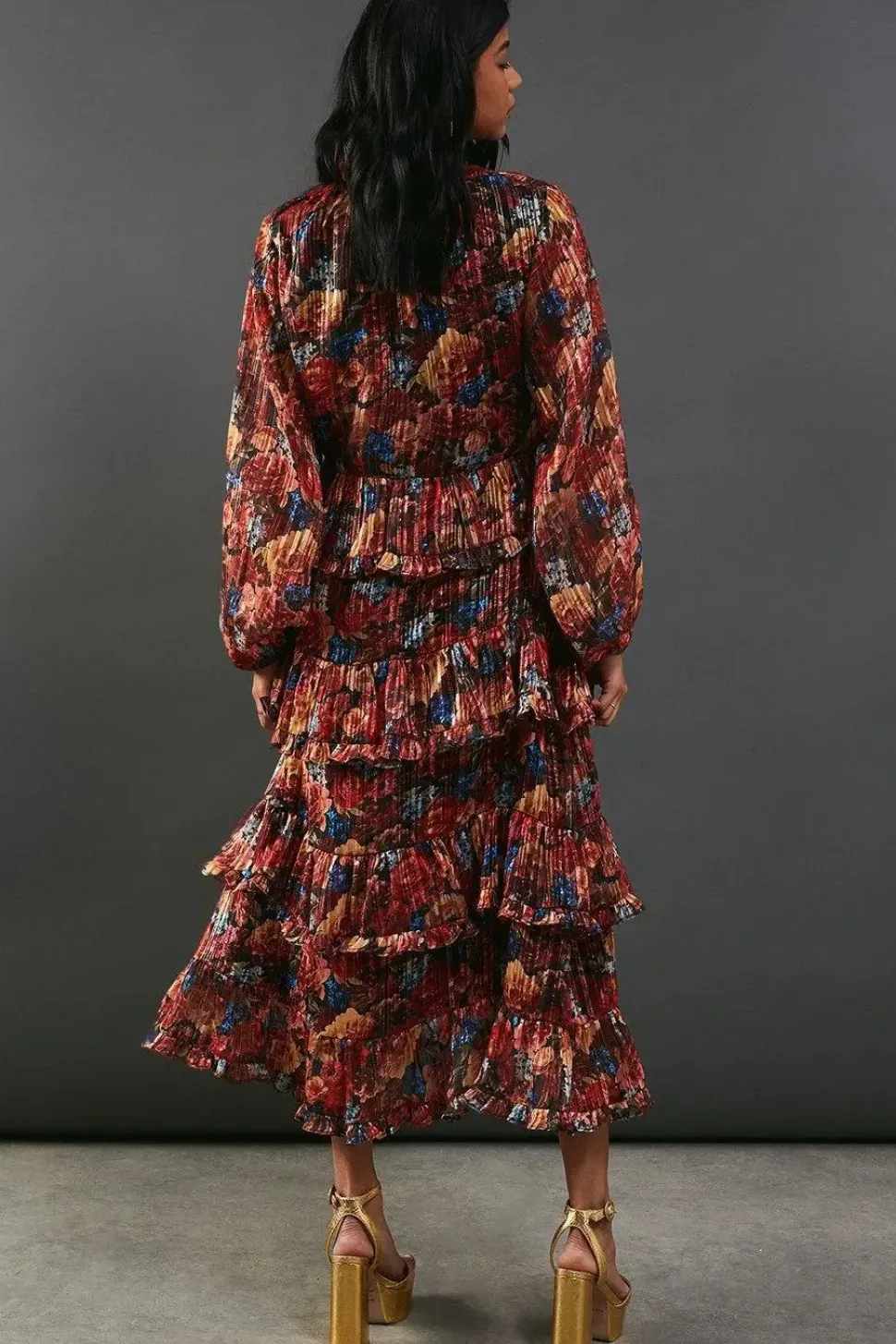Print Metallic Chiffon Tie Neck Ruffle Skirt Midi Dress