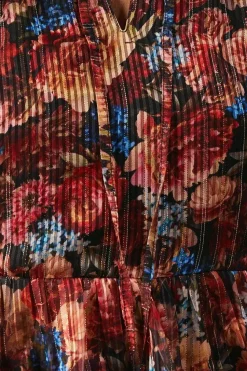 Print Metallic Chiffon Tie Neck Ruffle Skirt Midi Dress