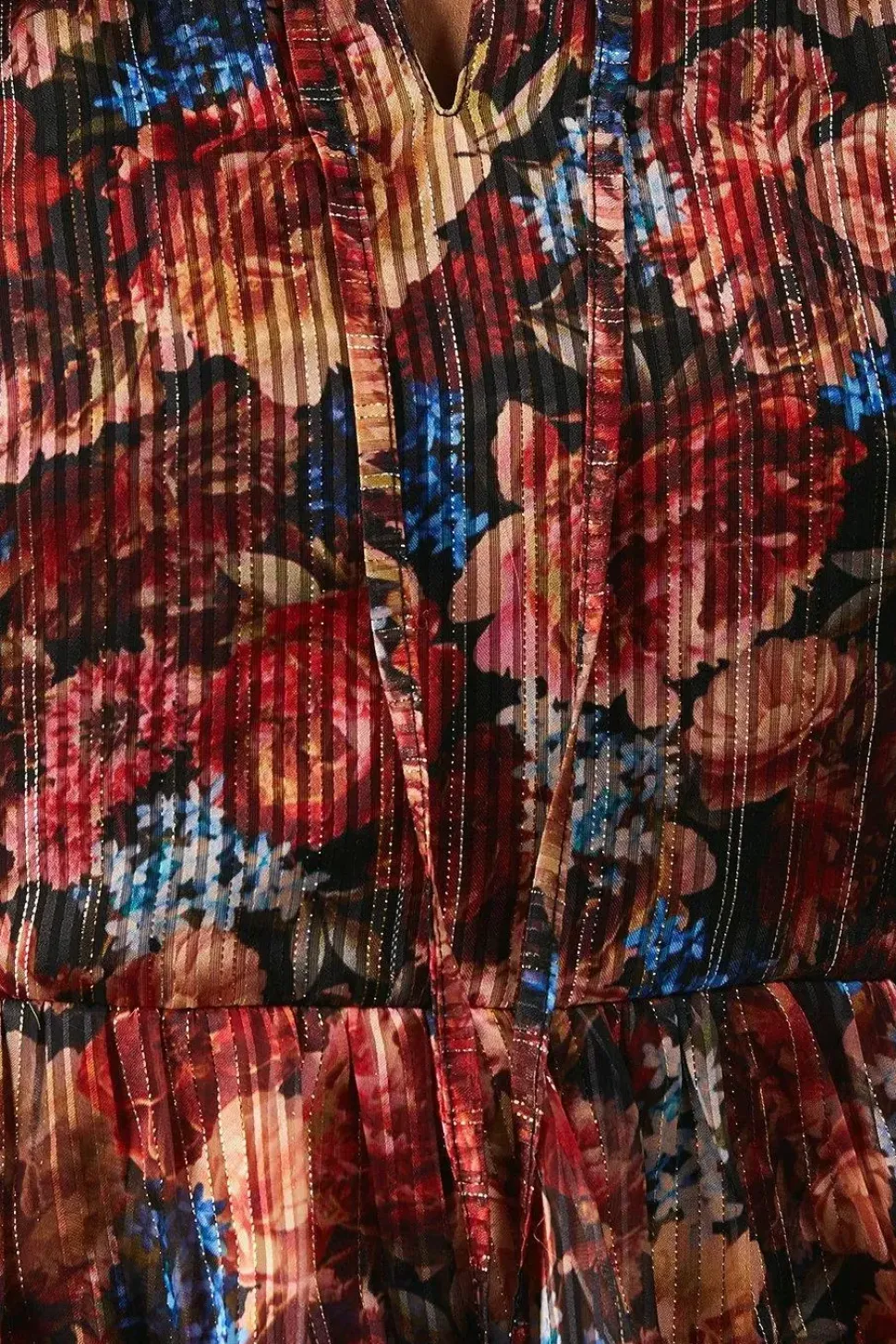 Print Metallic Chiffon Tie Neck Ruffle Skirt Midi Dress