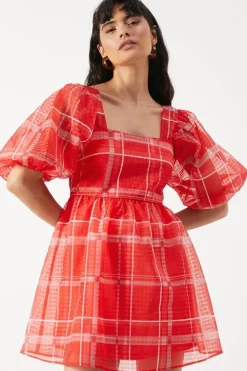 Print Organza Square Neck Mini Smock Dress