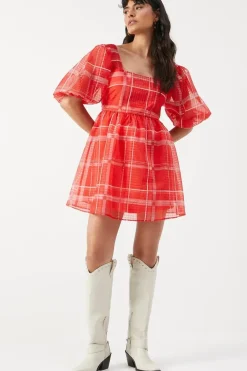 Print Organza Square Neck Mini Smock Dress